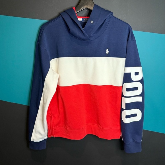 POLO RALPH LAUREN Multicolor Colorblock Spellout Pullover Hoodie Women's M - Picture 1 of 11